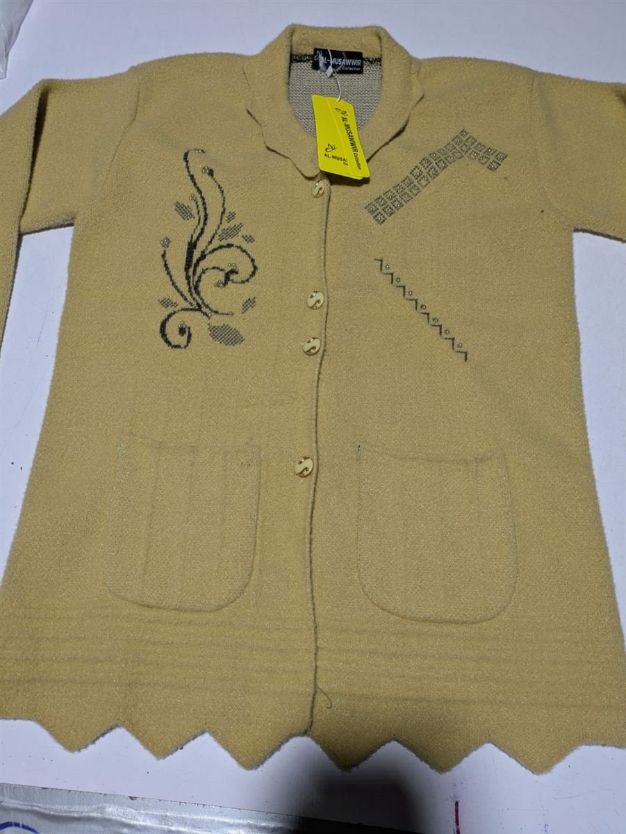Beige embroidered button cardigan with AL-MUSAWWIR Collection tag