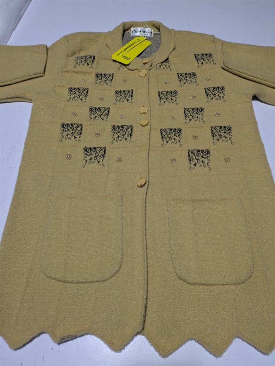 Beige jacquard pattern button cardigan with AL-MUSAWWIR Collection tag