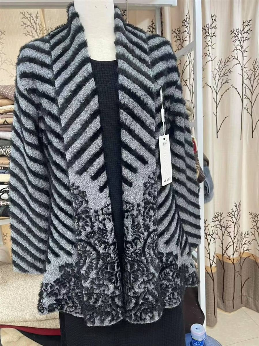 Grey and black patterned open-front cardigan