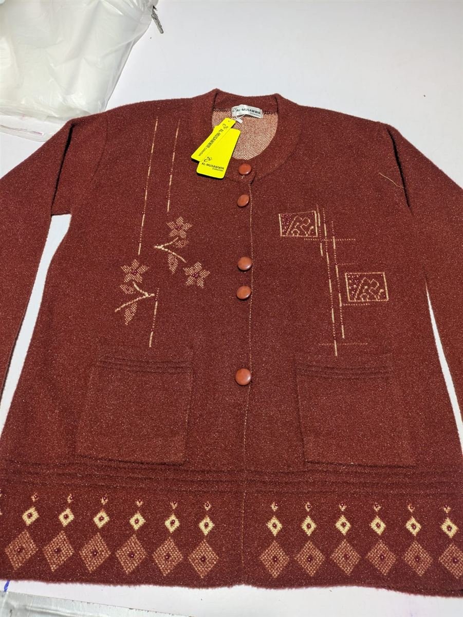 Maroon embroidered button cardigan with AL-MUSAWWIR Collection hang tag
